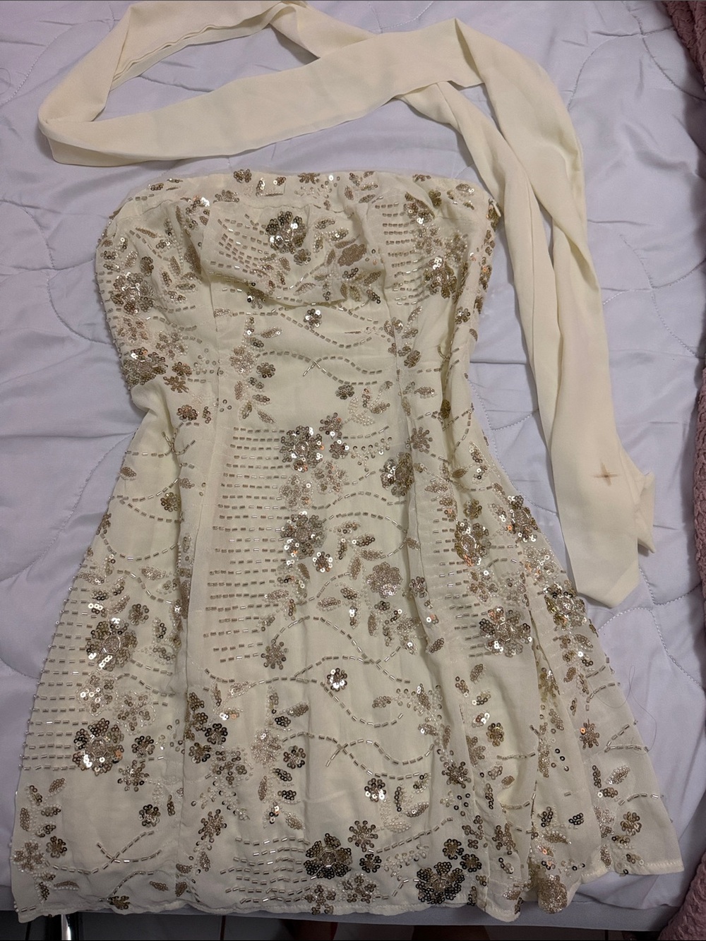 Amazon Cream Strapless Sequin Floral Cocktail Dress